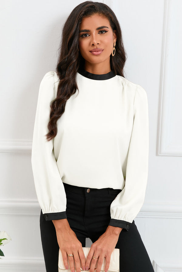 White Color Block Bow Back Mock Neck Blouse