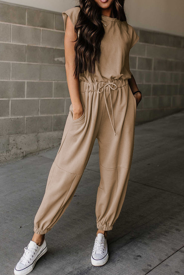 Medium Grey Cap Sleeve Open Back Drawstring Jogger Jumpsuit