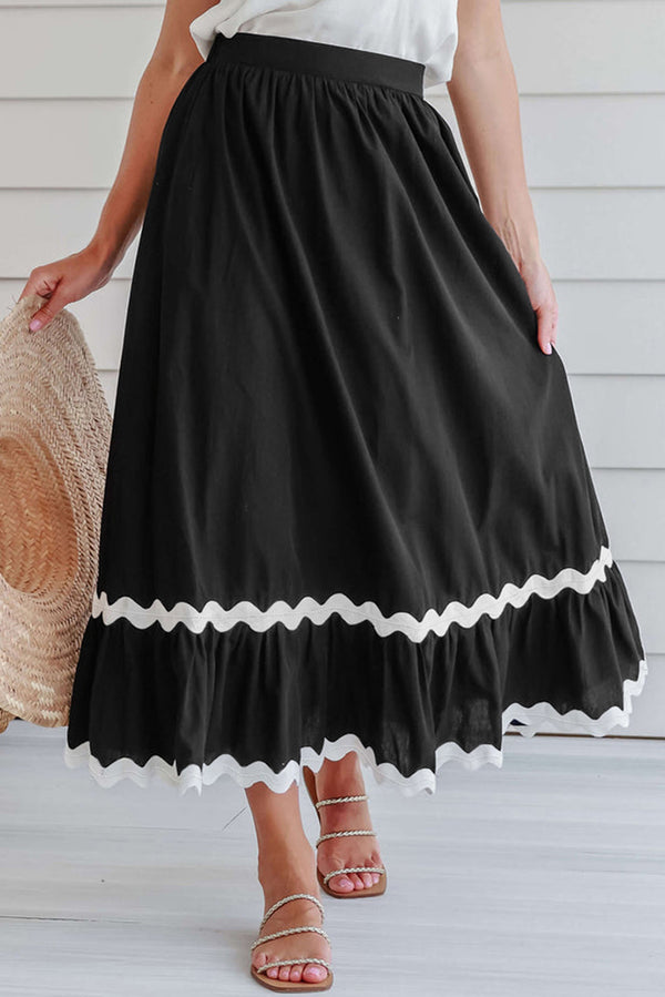 Black Ricrac Trim Colorblock High Waist Long Skirt