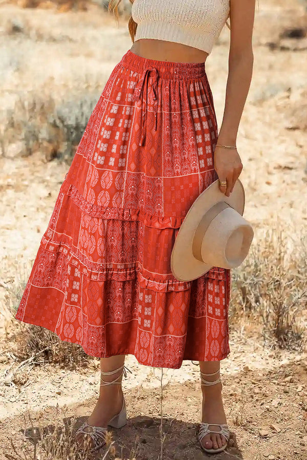 Fiery Red Bohemian Mix Print Long Flared Skirt